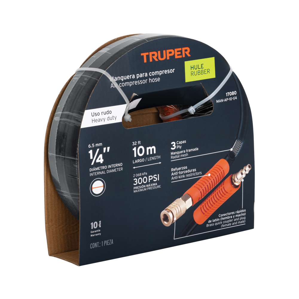 Manguera para compresor, de hule, 10m x 1/4', TRUPER MAN-AP-10-1/4