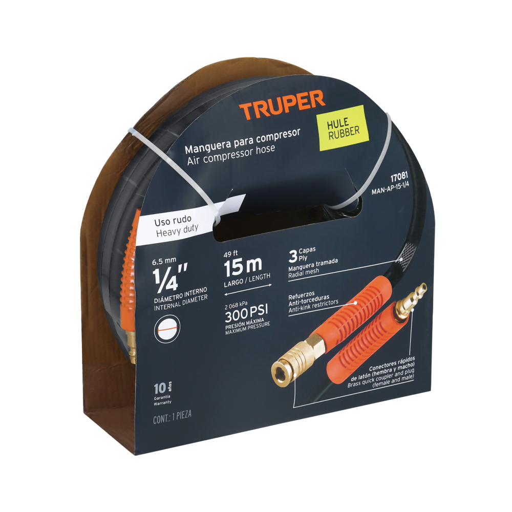 Manguera para compresor, de hule, 15m x 1/4', TRUPER MAN-AP-15-1/4