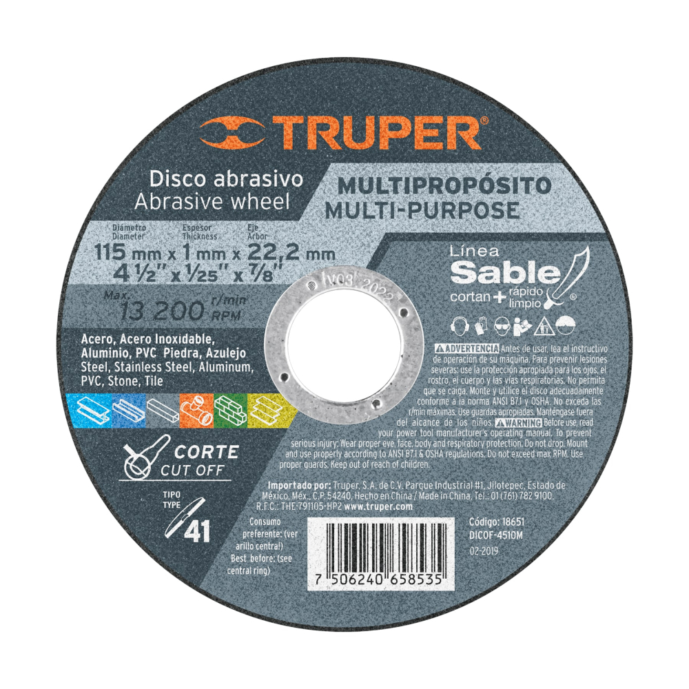 Disco abrasivo de corte preciso multimat 4-1/2' x 1mm TRUPER DICOF- 4510M