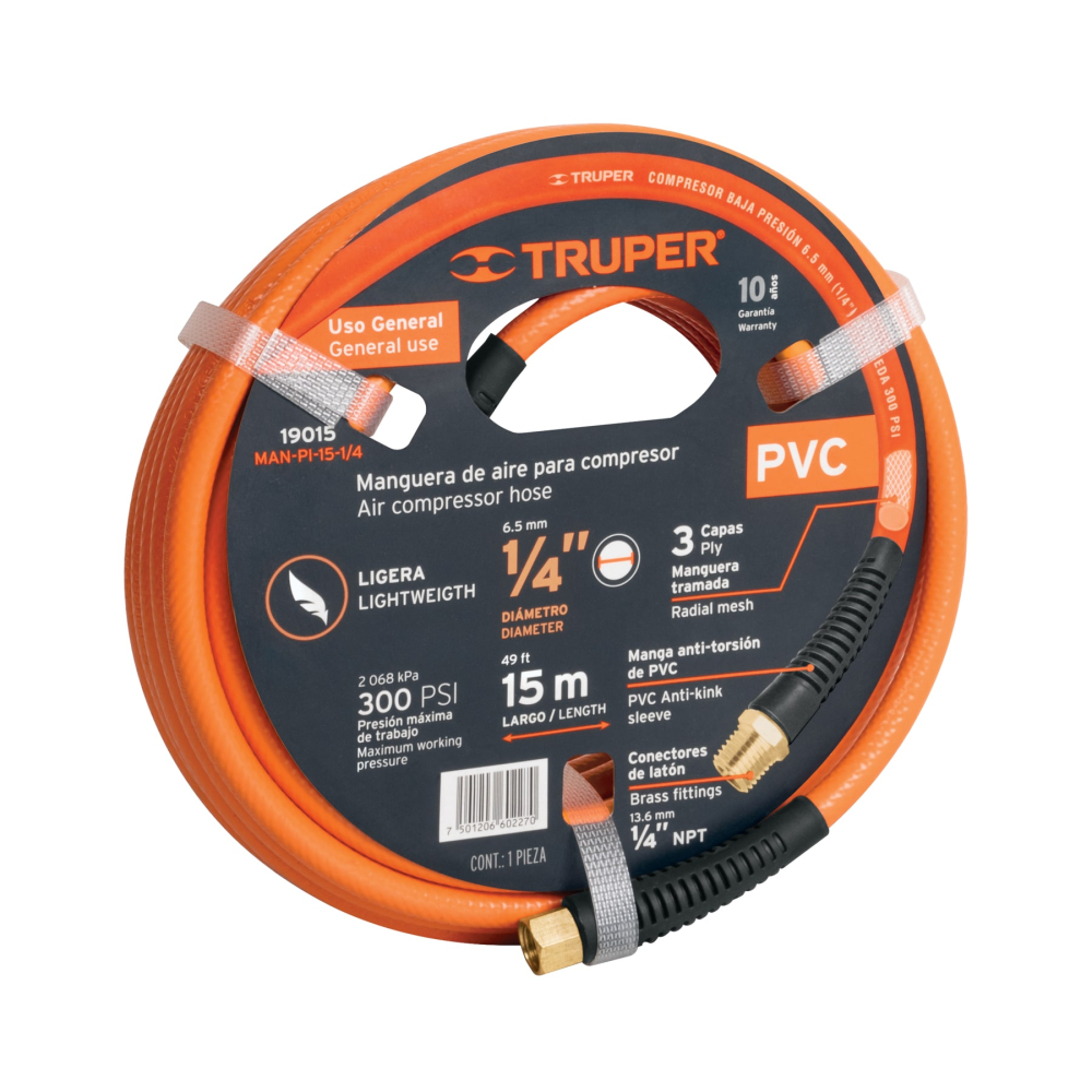 Manguera para compresor, de PVC, 15m x 1/4', TRUPER MAN-PI-15-1/4