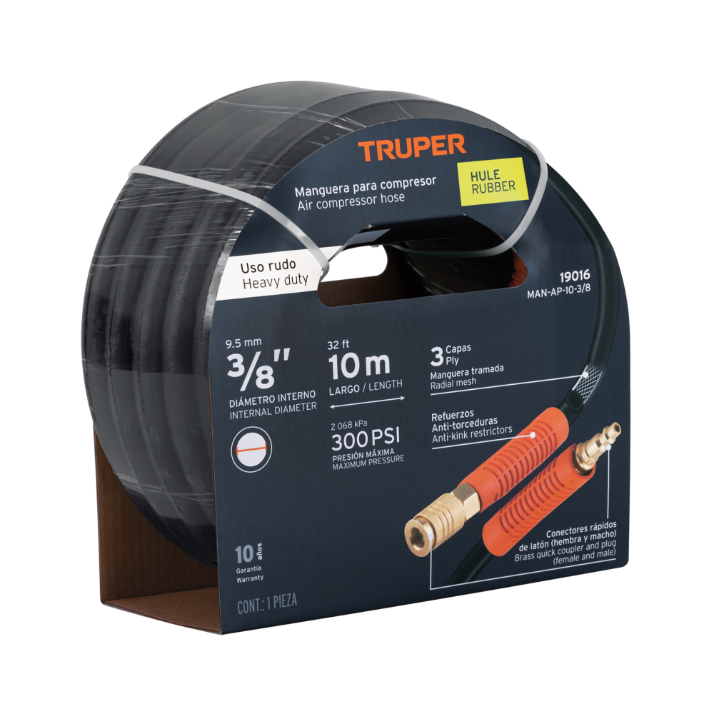Manguera para compresor, de hule, 10m x 3/8', TRUPER MAN-AP-10-3/8