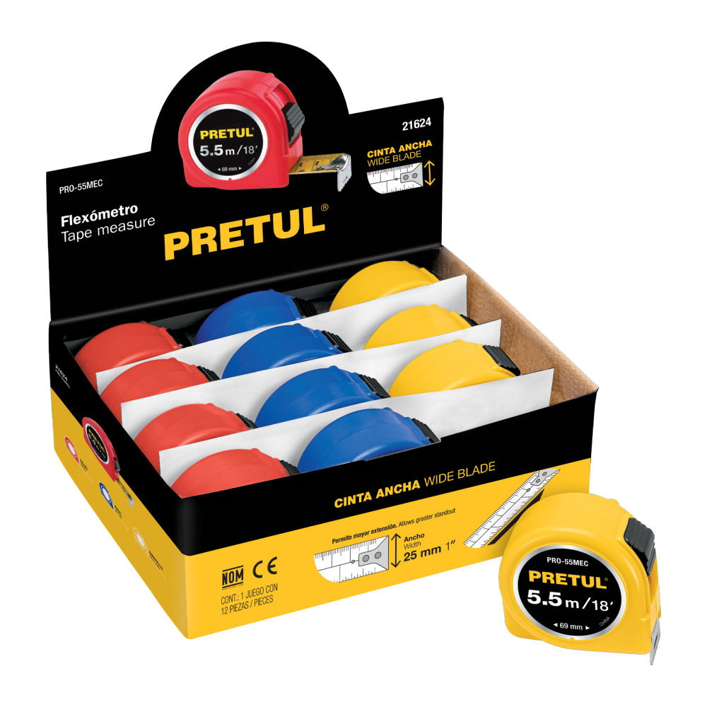 Flexómetro 6 m cinta 25 mm, en display box, PRETUL PRO-55MEC
