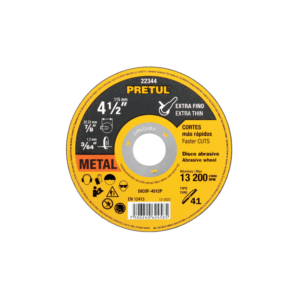 Disco abrasivo de corte preciso metal 4-1/2' x 1.2 mm PRETUL DICOF-4512P
