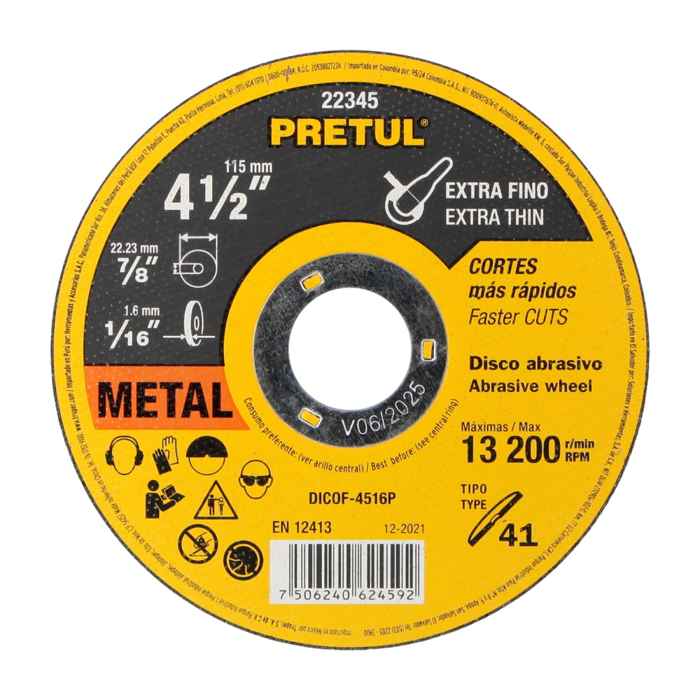 Disco abrasivo de corte preciso metal 4-1/2' x 1.6 mm PRETUL DICOF-4516P
