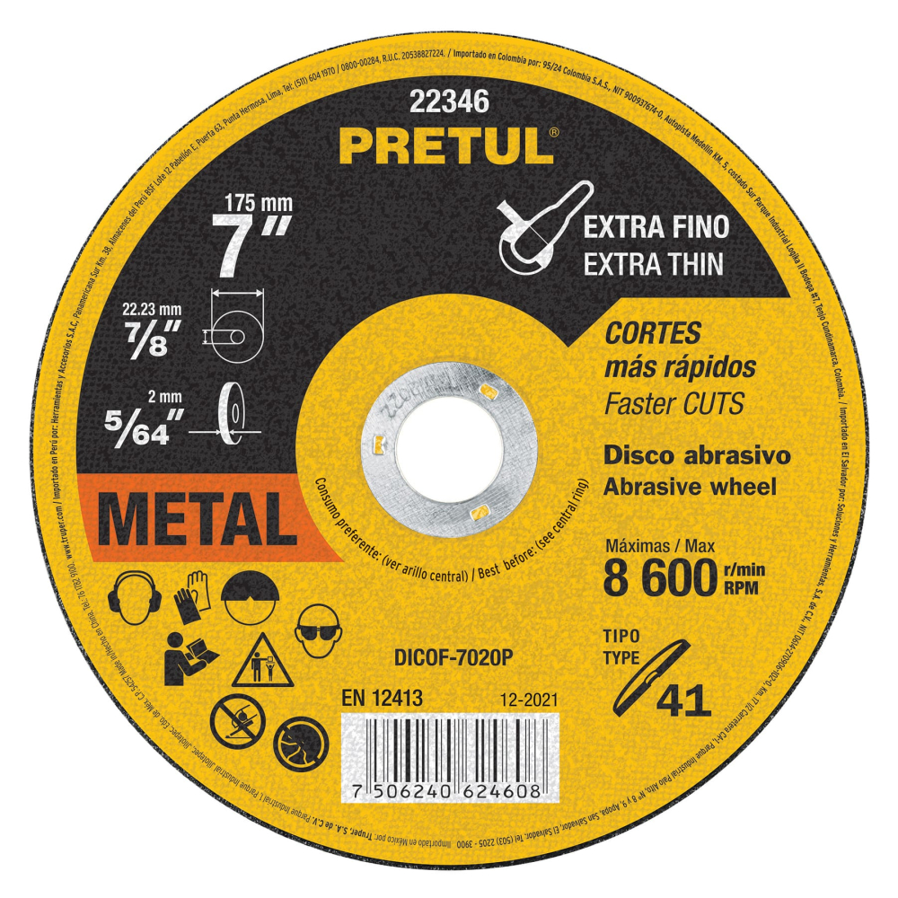 Disco abrasivo de corte preciso metal 7' x 2 mm, PRETUL DICOF-7020P