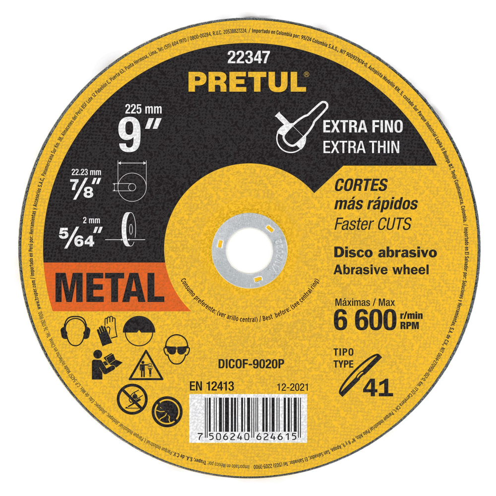 Disco abrasivo de corte preciso metal 9' x 2 mm, PRETUL DICOF-9020P