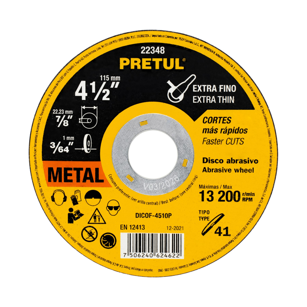 Disco abrasivo de corte preciso metal 4-1/2' x 1 mm, PRETUL DICOF-4510P