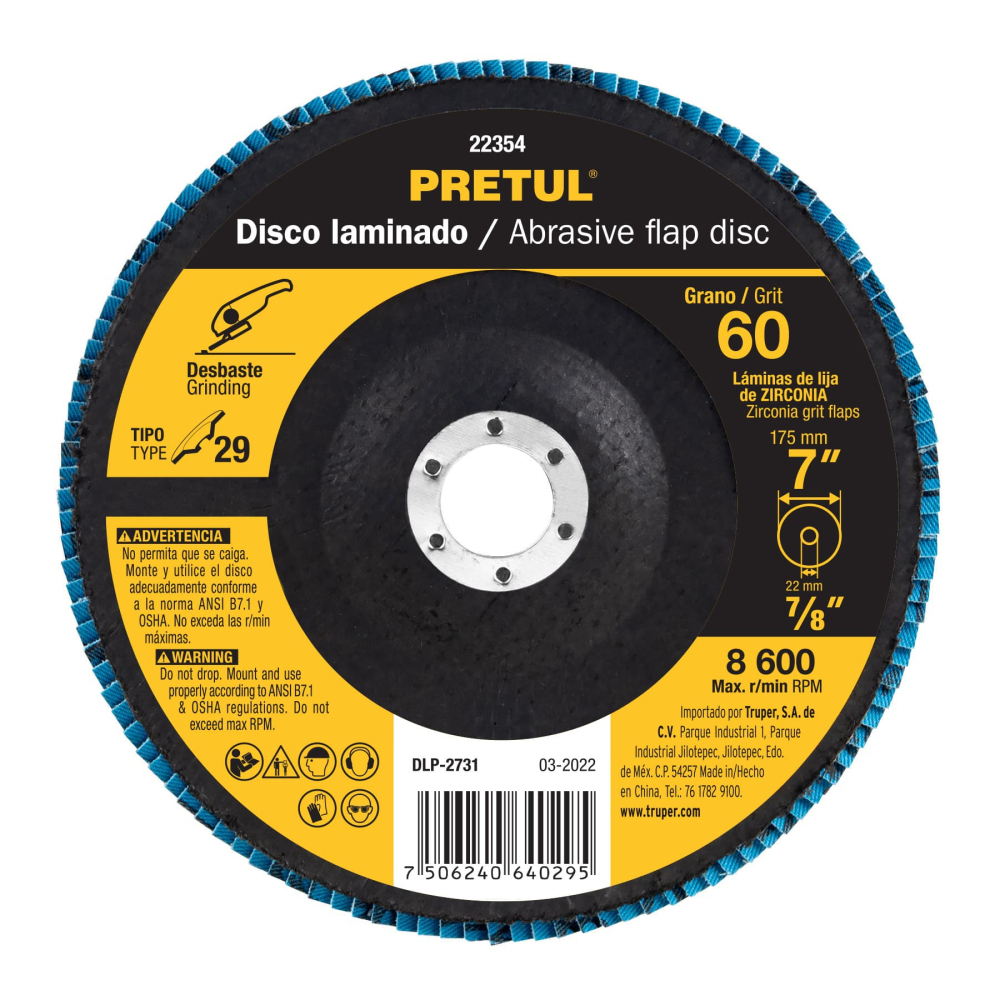 Disco laminado 7', grano 60 centro 7/8', fibra, PRETUL DLP-2731