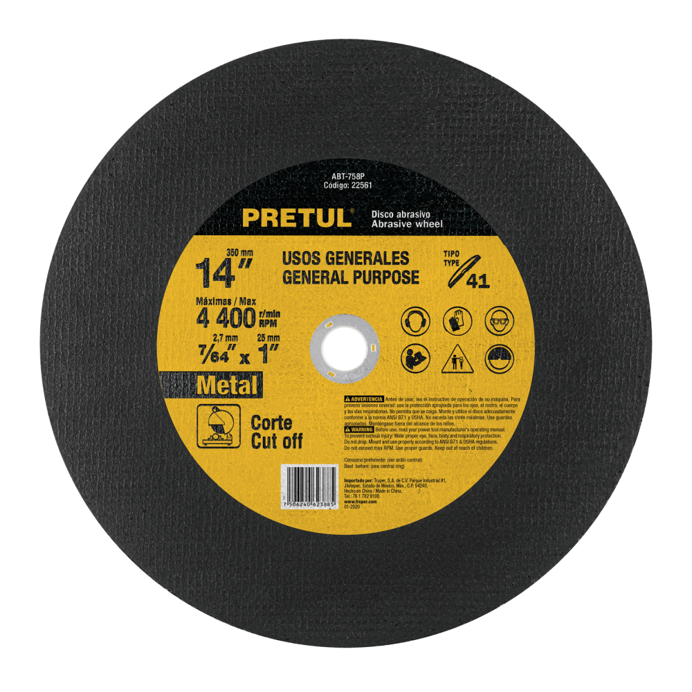 Disco Tipo 41 de 14' x 3.1 mm para corte de metal, PRETUL ABT-758P