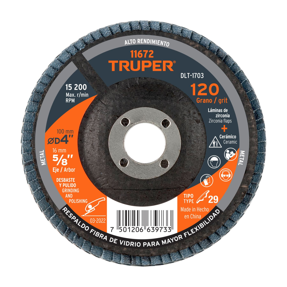 Disco laminado 4', grano 120 centro 5/8', fibra, TRUPER DLT-1703