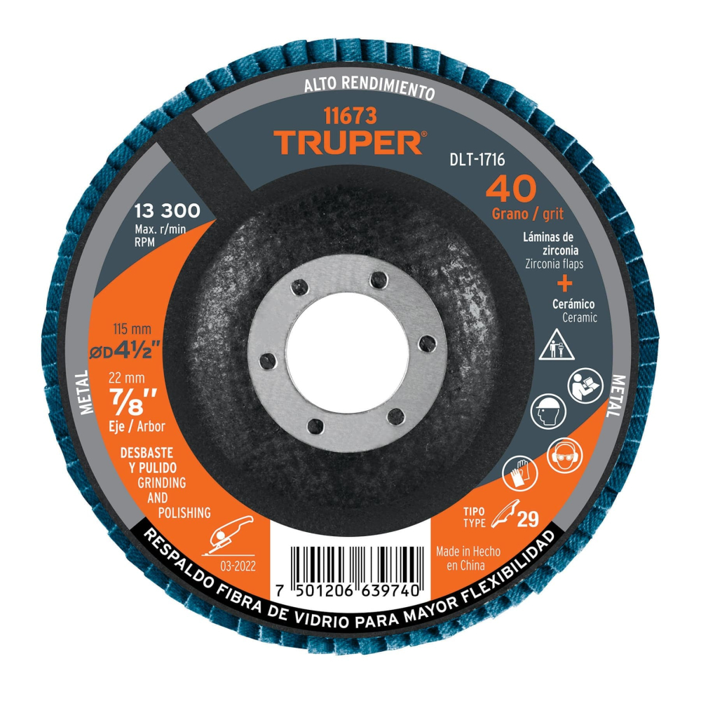 Disco laminado 4-1/2', grano 40 centro 7/8', fibra, TRUPER DLT-1716