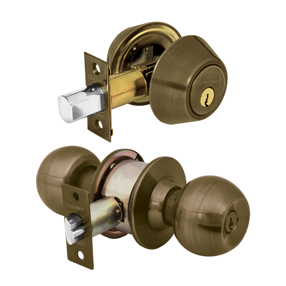 Combo cerraduras, llave-llave, latón antiguo, HERMEX BASIC CMB-22P