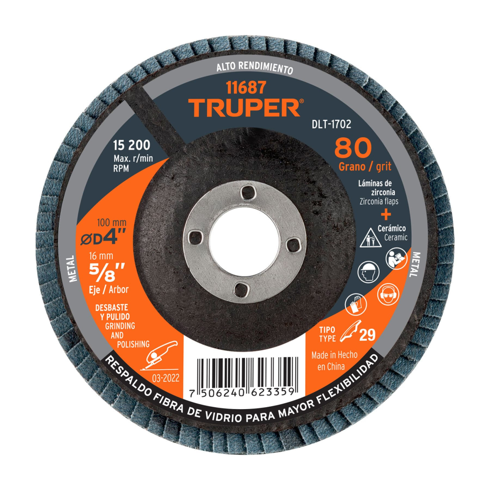 Disco laminado 4', grano 80 centro 5/8', fibra, TRUPER DLT-1702