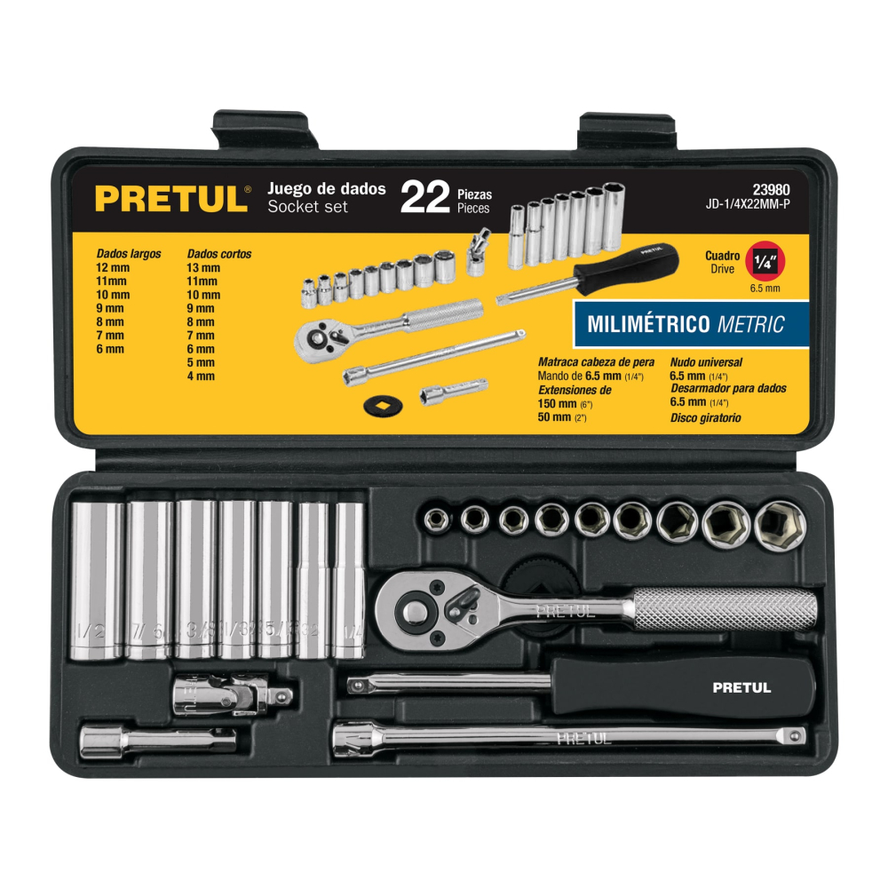 Juego de 22 herramientas 1/4' mm para mecánico, PRETUL JD-1/4X22MM-P