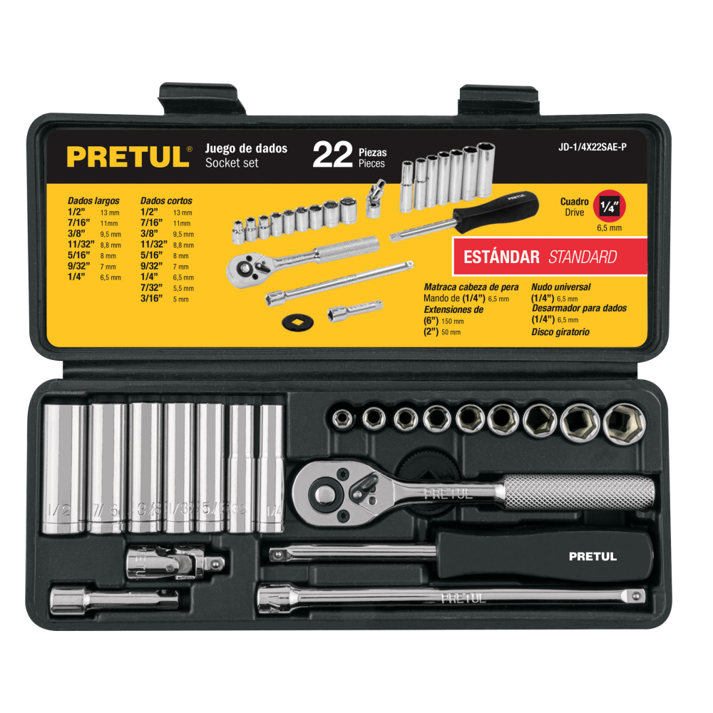 Juego de 22 herramientas 1/4' std para mecánico, PRETUL JD-1/4X22SAE-P