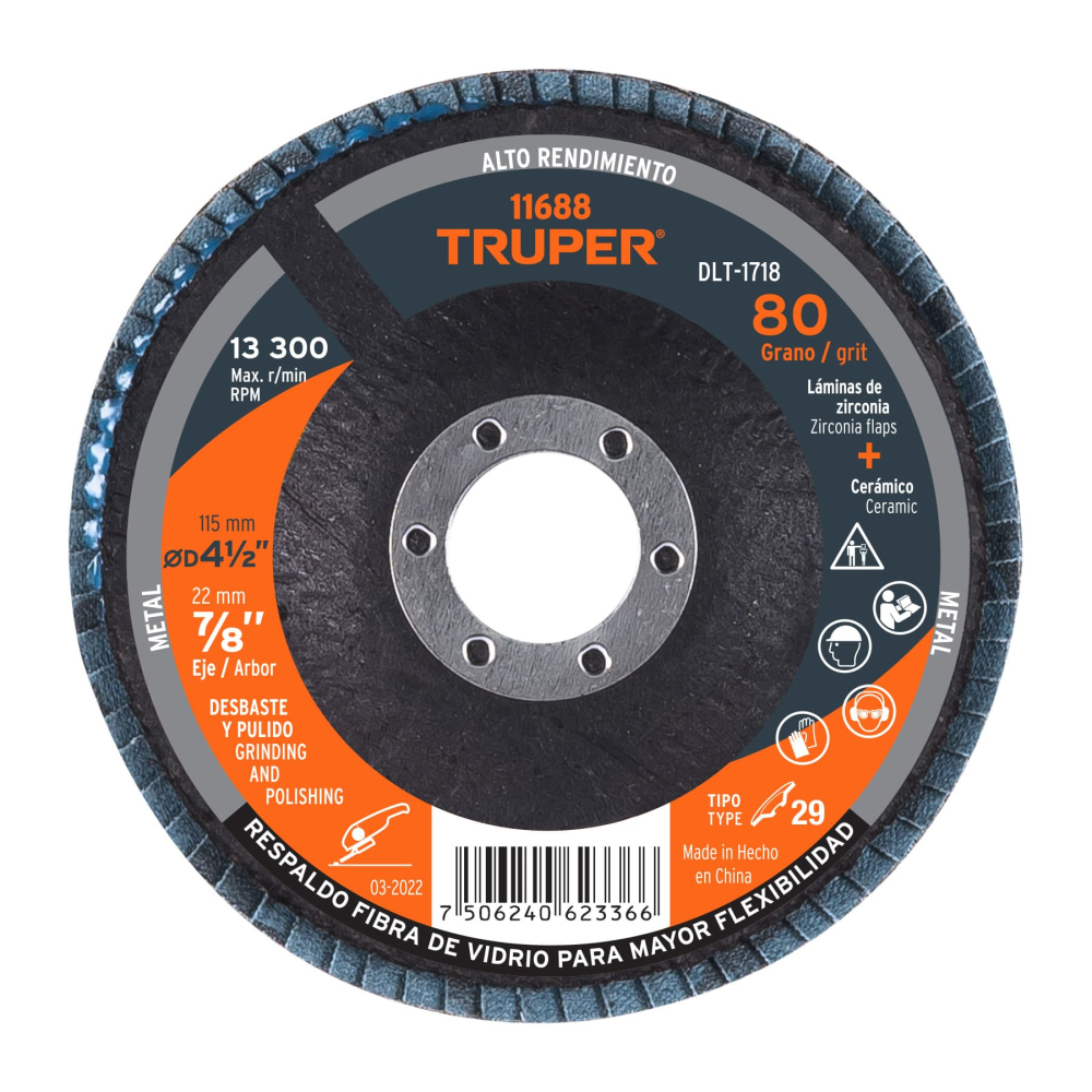 Disco laminado 4-1/2', grano 80 centro 7/8', fibra, TRUPER DLT-1718
