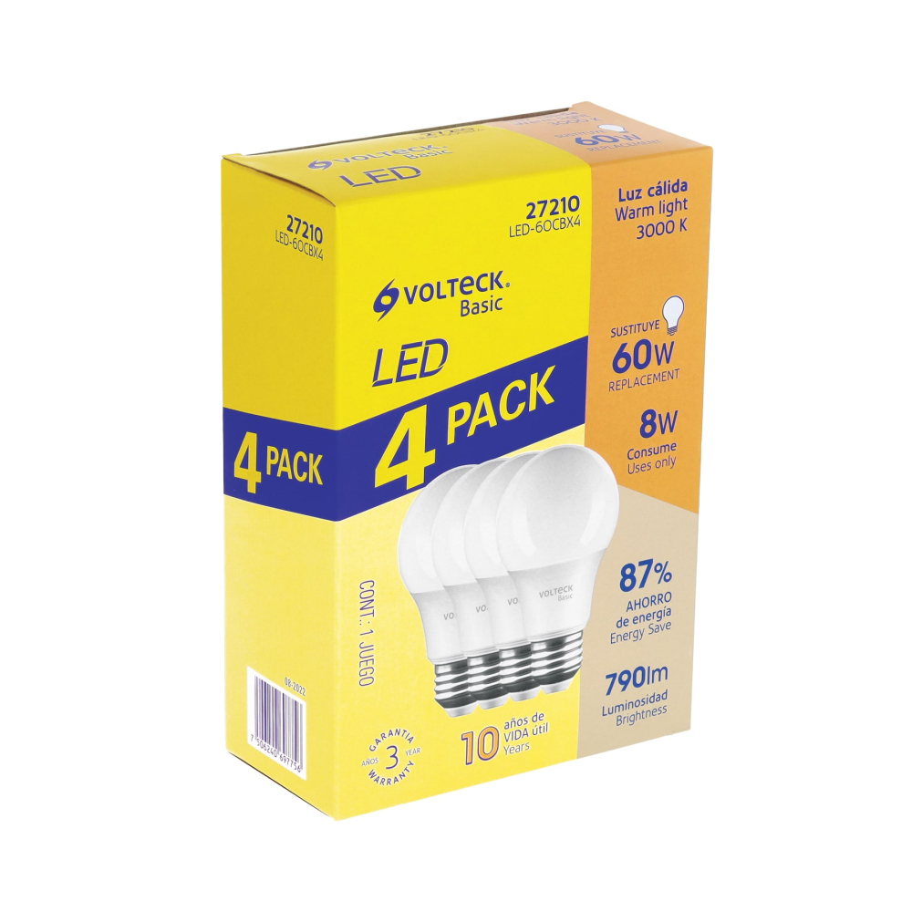 Pack 4 focos LED 8W (60W) A19, 3000K cálida, 790 lm, BASIC LED-60CBX4