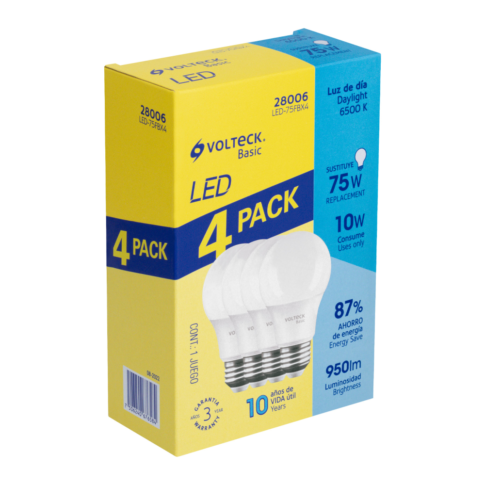 Pack 4 focos LED 10W (75W) A19, 6500K fría, 950 lm, BASIC LED-75FBX4