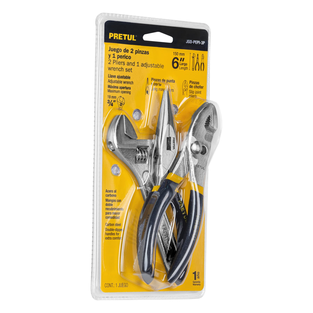 Juego de 2 pinzas y 1 llave ajustable, mangos de PVC, PRETUL JGO-PEPI-3P