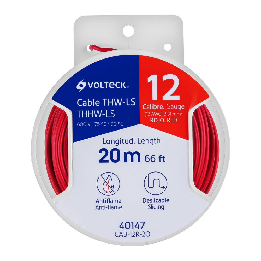 Carrete con 20 m de cable THHW-LS 12 AWG rojo, VOLTECK CAB-12R-20