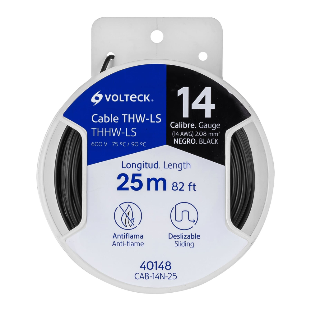 Carrete con 25 m de cable THHW-LS 14 AWG negro, VOLTECK CAB-14N-25