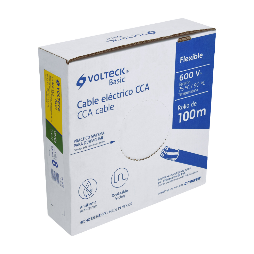 Rollo de 100 metros de cable THW CCA 8 AWG verde, BASIC CCA-8V