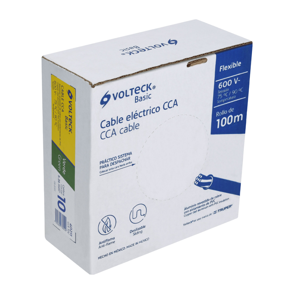 Rollo de 100 metros de cable THW CCA 10 AWG verde, BASIC CCA-10V