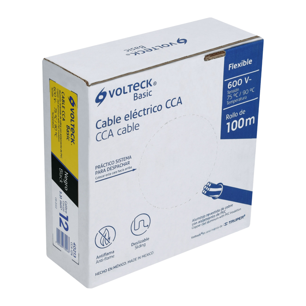 Rollo de 100 metros de cable THW CCA 12 AWG negro, BASIC CCA-12N