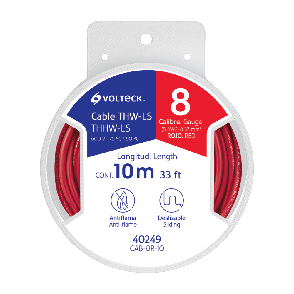 Carrete con 10 m de cable THHW-LS 8 AWG rojo, VOLTECK CAB-8R-10