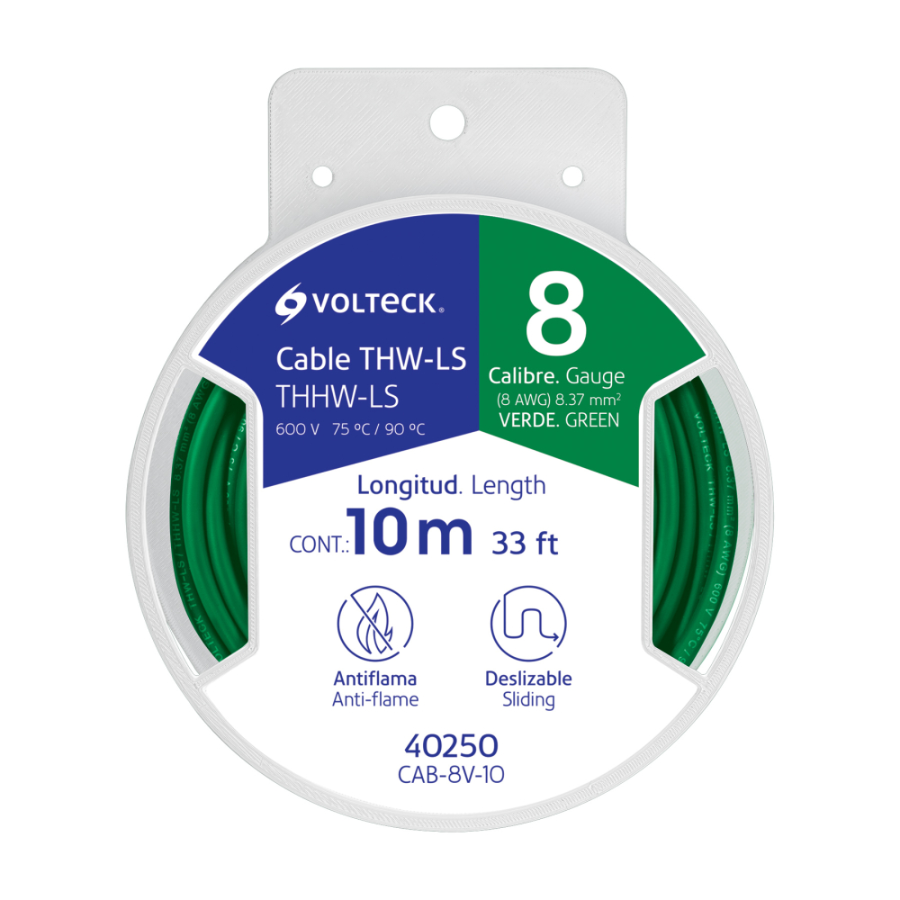 Carrete con 10 m de cable THHW-LS 8 AWG verde, VOLTECK CAB-8V-10