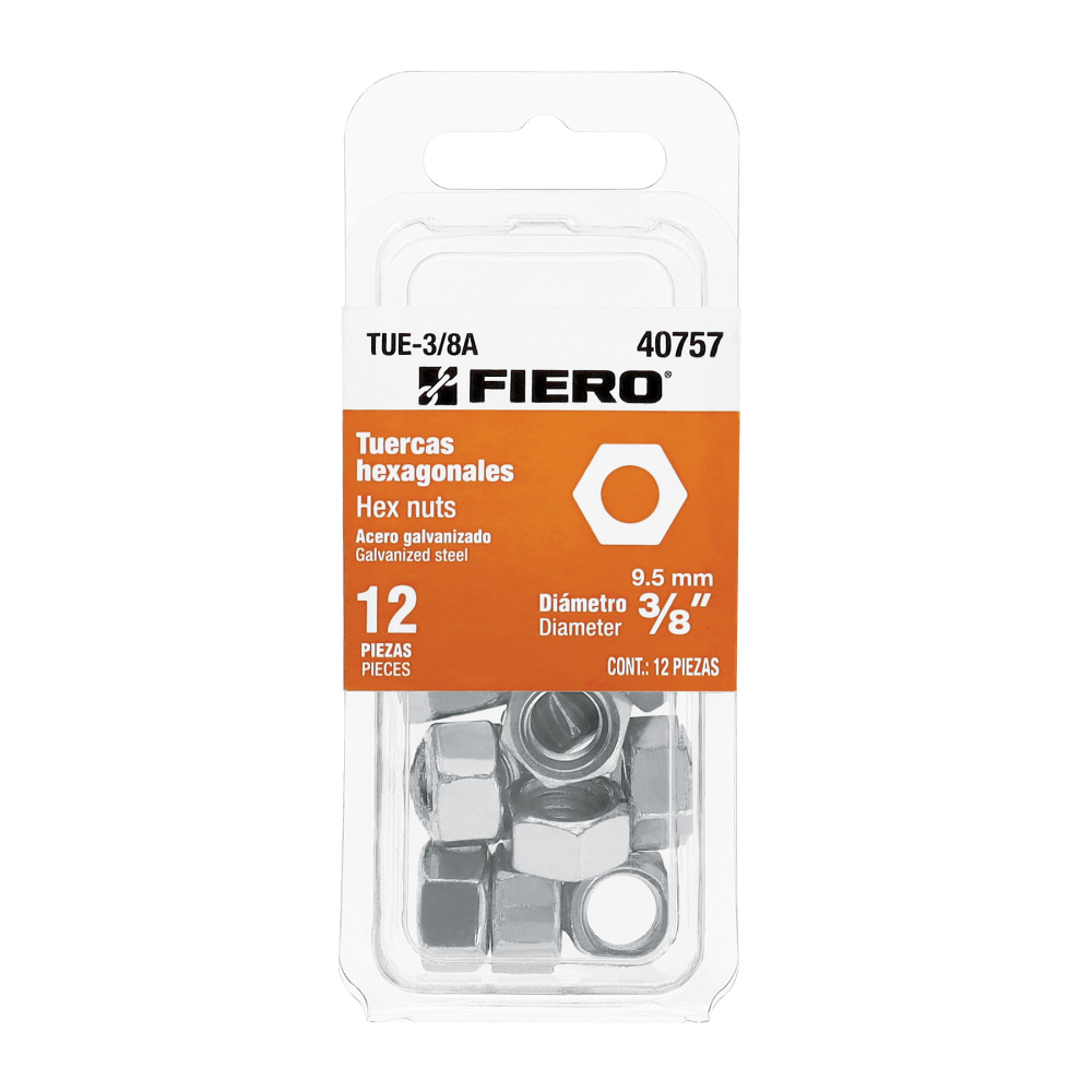 Blíster con 12 tuercas 3/8' hex de acero galvanizado, FIERO TUE-3/8A