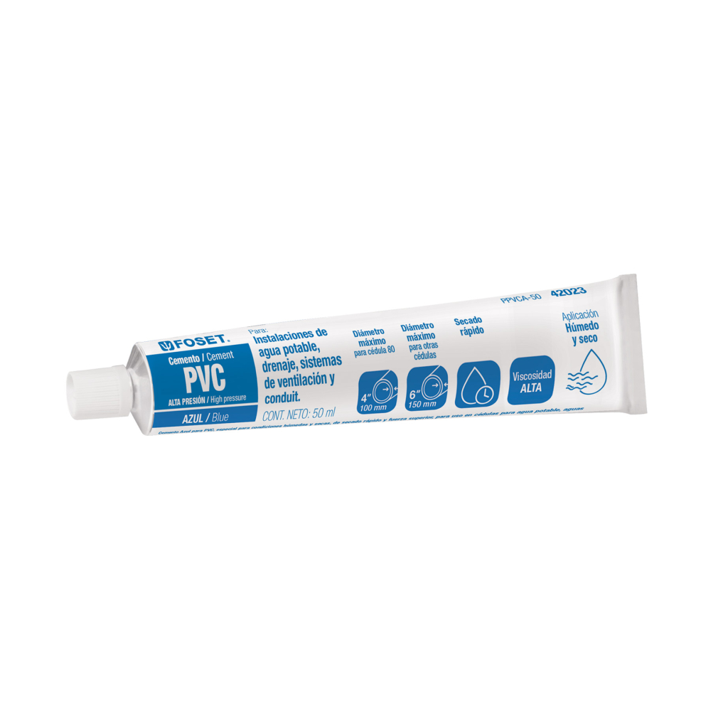 Cemento p/PVC, azul, alta presión, tubo 50ml, FOSET PPVCA-50