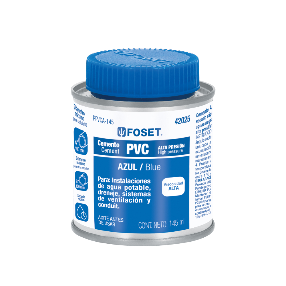Cemento p/PVC, azul, alta presión, lata 145ml, FOSET PPVCA-145
