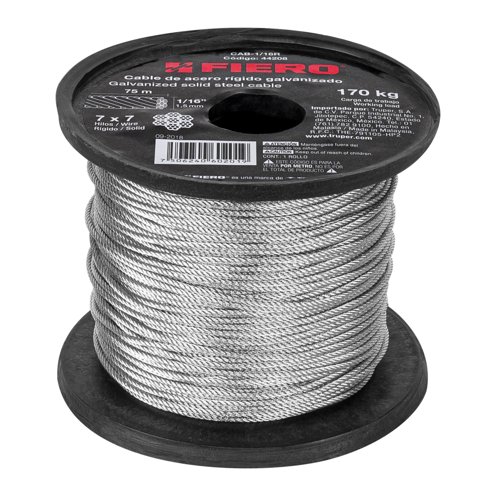 Metro de cable rígido 1/16' de acero 7x7 hilos, 75 m, FIERO CAB-1/16R