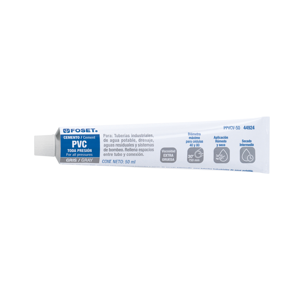 Cemento para PVC, gris, máxima viscosidad, tubo 50ml, FOSET PPVCV-50