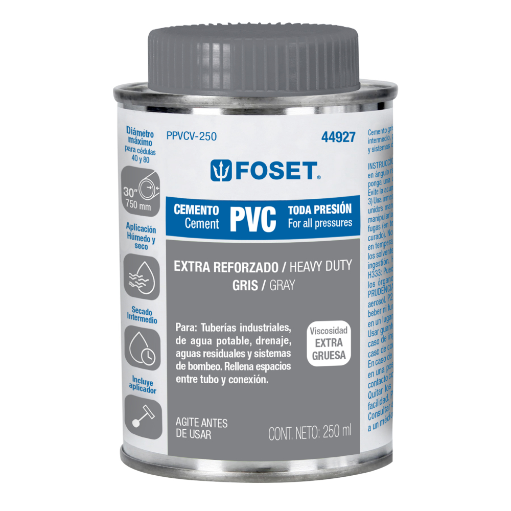Cemento para PVC, gris, máxima viscosidad, lata 250ml, FOSET PPVCV-250