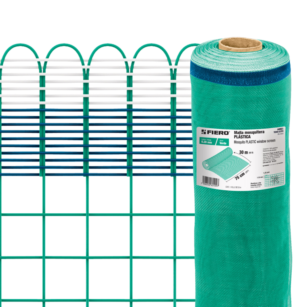 Rollo de 30 m x 0.75 m de malla mosquitera plástica verde TEMO-07PV