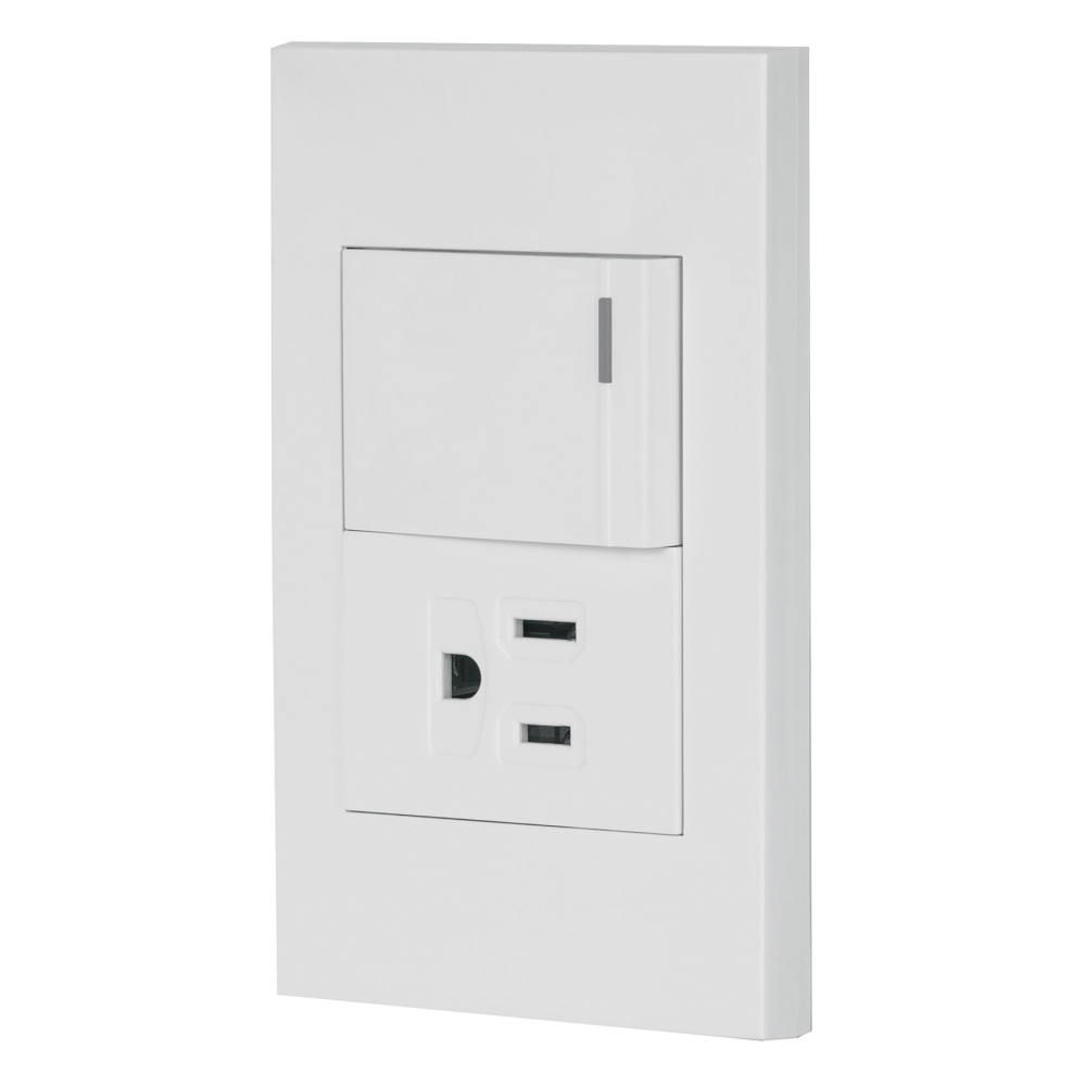 Placa armada 1 interruptor,1contacto,1.5mod,Española, blanco PA-APCO15-EB