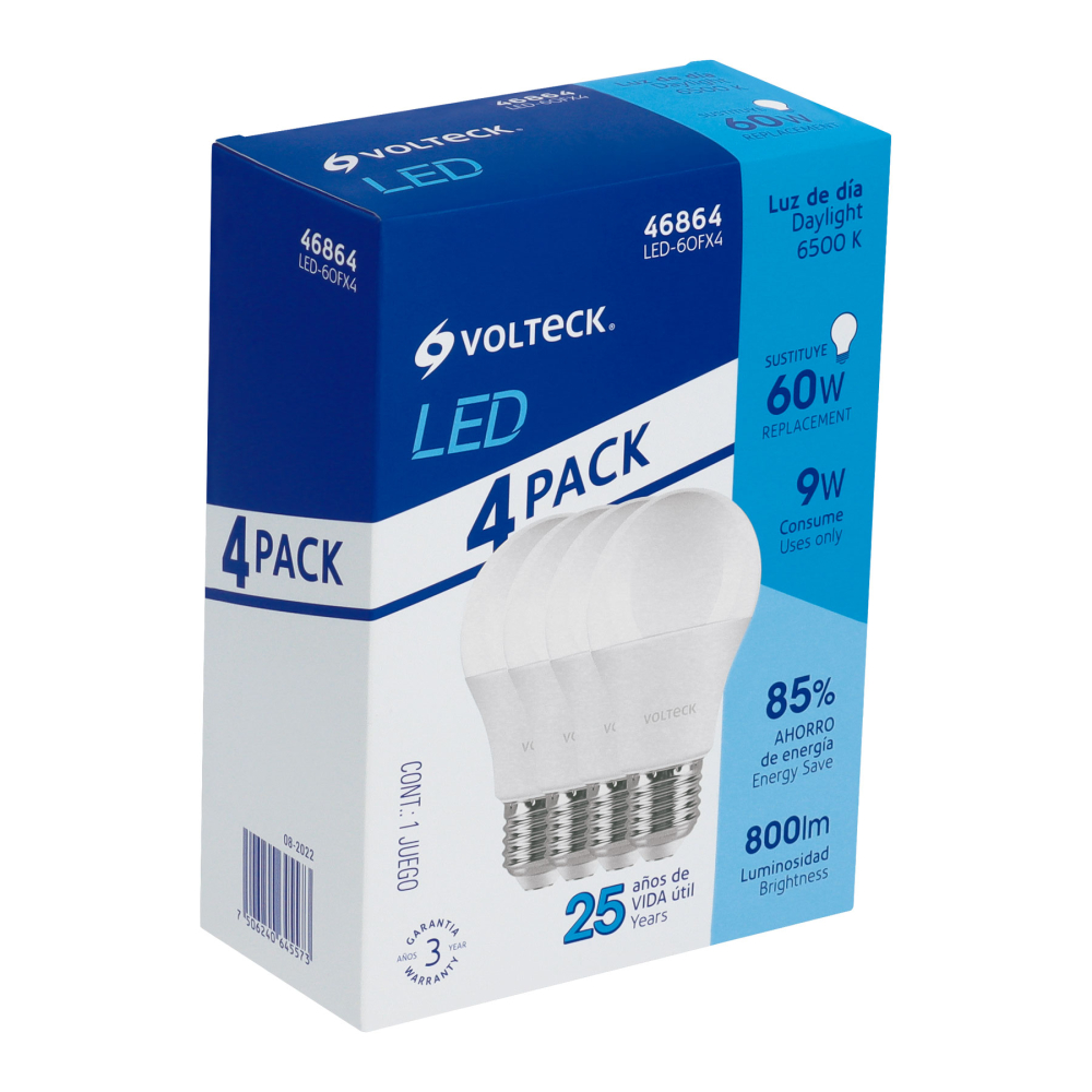 Pack 4 focos LED 9W (60W) A19, 6500K blanca fría, 800 lm LED-60FX4