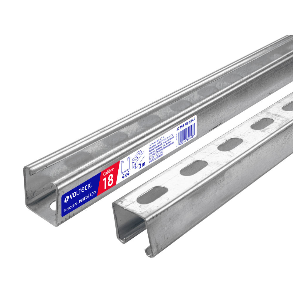Perfil monocanal perforado de 3 m, 4 x 4 cm cal. 18, VOLTECK PU-184P