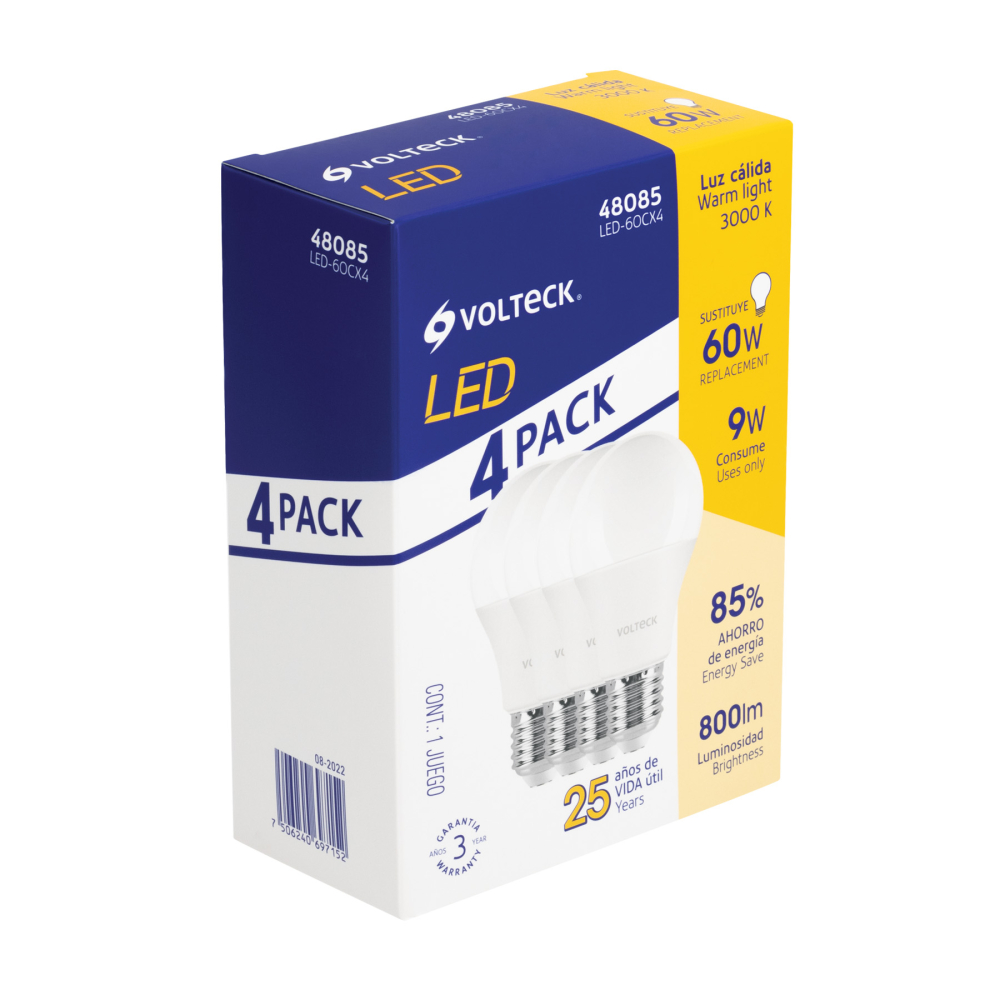 Pack 4 focos LED 9W (60W) A19, 3000K blanca cálida, 800 lm LED-60CX4