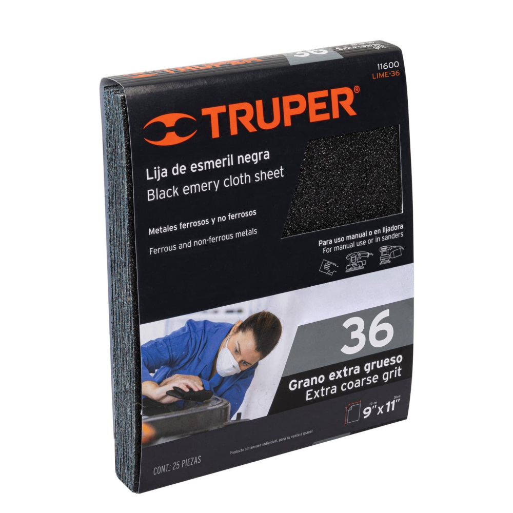 Lija de esmeril negra grano 36 de óxido de aluminio, TRUPER LIME-36