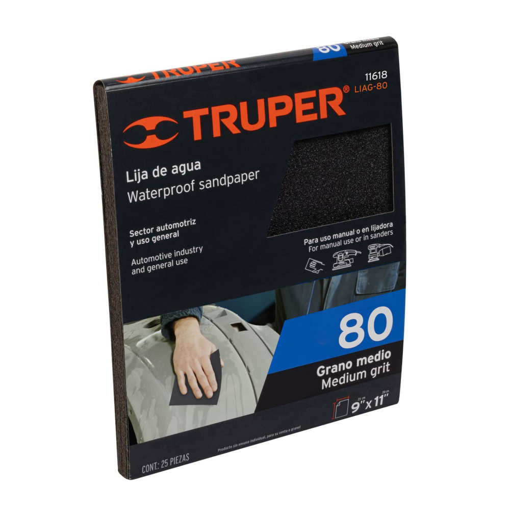Lija de agua grano 80 de carburo de silicio, TRUPER LIAG-80