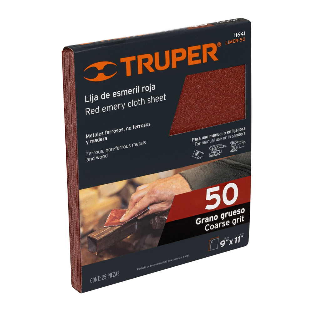 Lija de esmeril roja grano 50 de óxido de aluminio, TRUPER LIMER-50