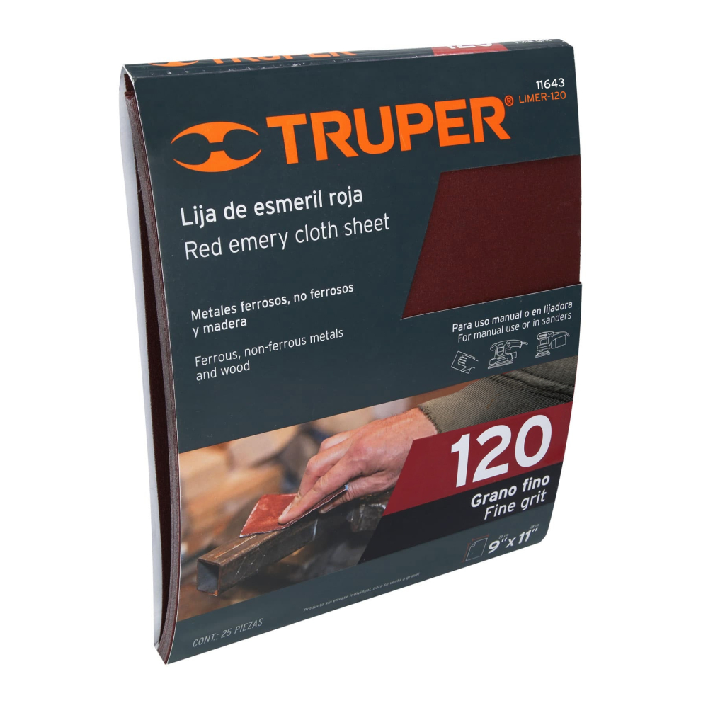 Lija de esmeril roja grano 120 de óxido de aluminio, TRUPER LIMER-120