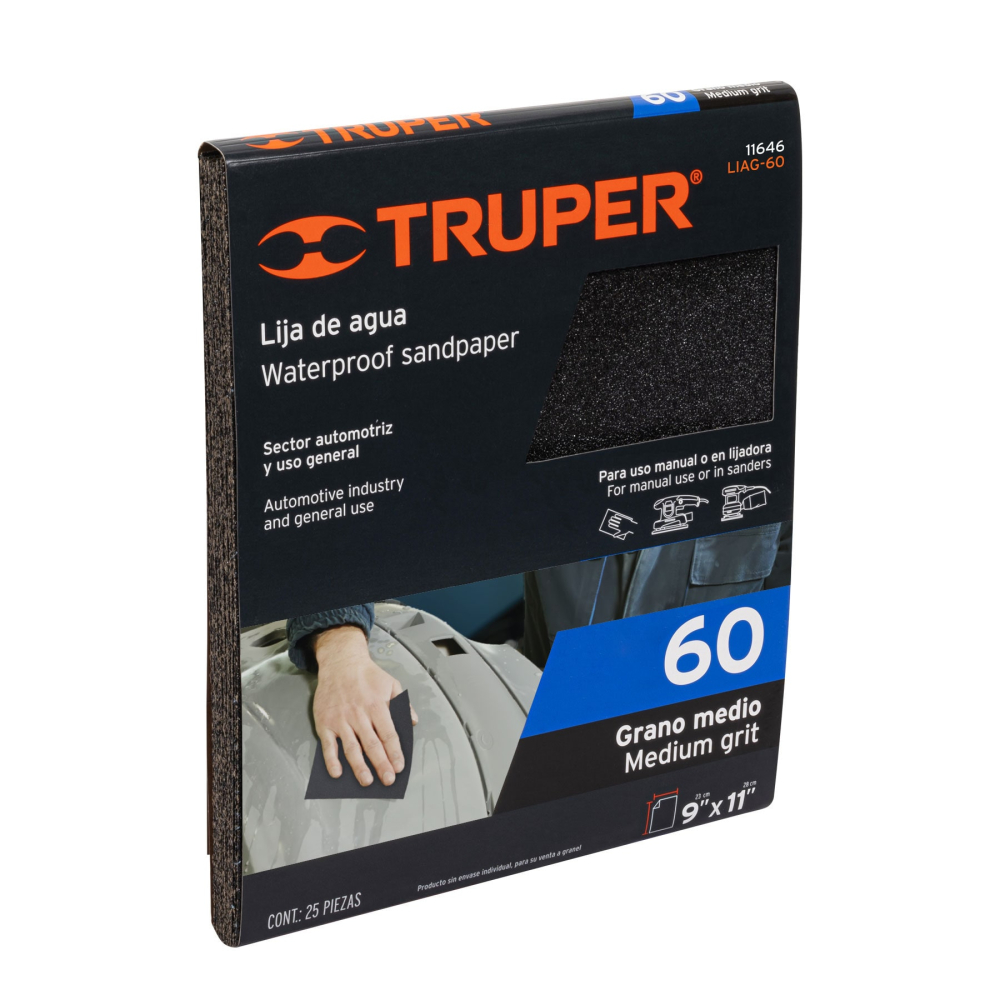 Lija de agua grano 60 de carburo de silicio, TRUPER LIAG-60