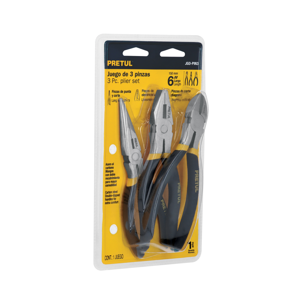 Juego de 3 pinzas de 6', mangos de PVC, PRETUL JGO-PIN3
