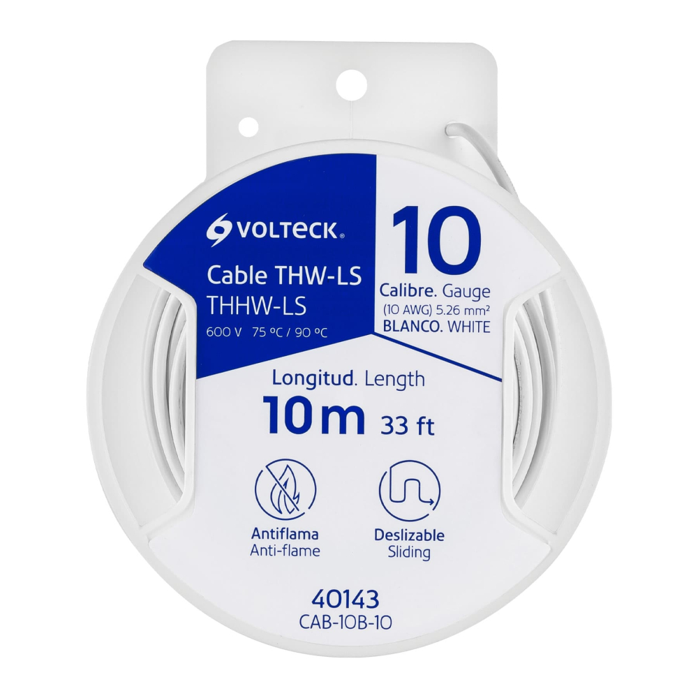 Carrete con 10 m de cable THHW-LS 10 AWG blanco, VOLTECK CAB-10B-10