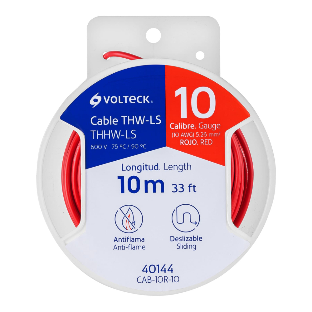 Carrete con 10 m de cable THHW-LS 10 AWG rojo, VOLTECK CAB-10R-10
