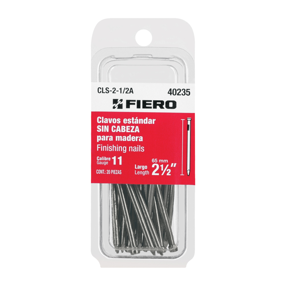Blíster con 20 clavos estándar 2-1/2' sin cabeza, FIERO CLS-2-1/2A